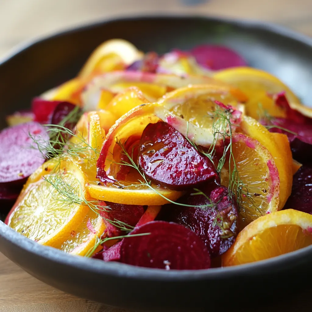 A colorful Orange Beet and Fennel Salad with citrus dressing, walnuts, and arugula.