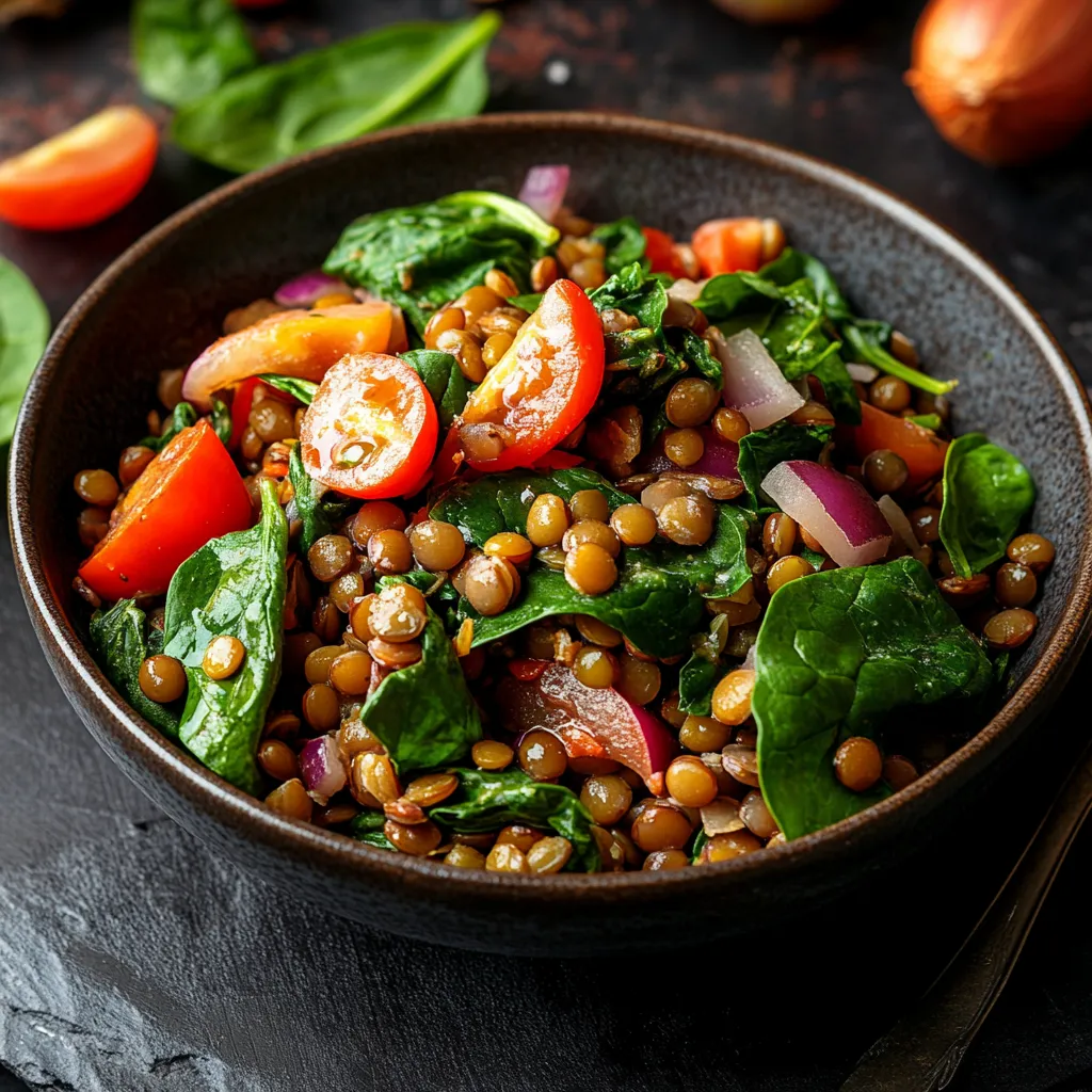 A vibrant vegan lentil and spinach salad with pomegranate seeds, walnuts, and lemon vinaigrette.