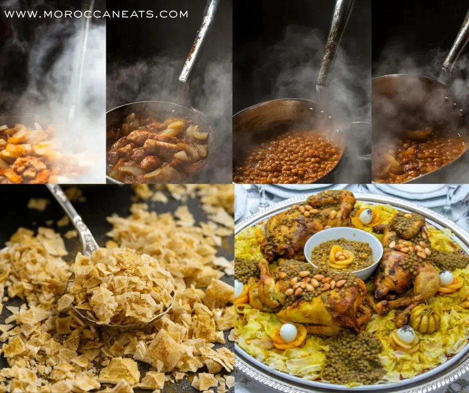 Irresistible Festive Moroccan R’fissa Recipe Delight 11 Festive Moroccan R’fissa served in a traditional dish, surrounded by spices and msemen, creating a warm and inviting cultural food scene.