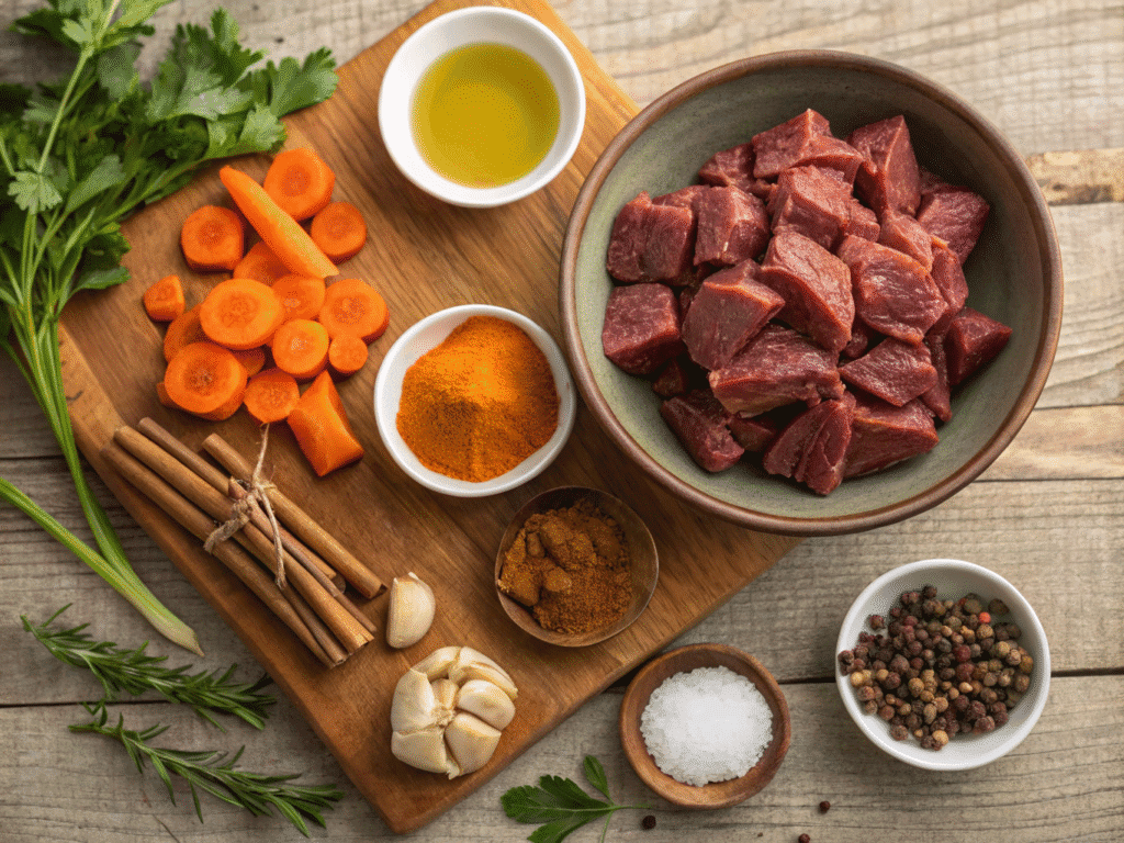 A colorful spread of Moroccan beef and glazed carrot ingredients, featuring spices, fresh vegetables, and meat on a rustic wooden table.