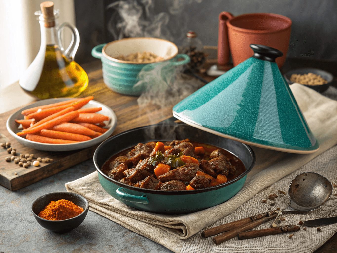 A stovetop scene showing Moroccan beef simmering in a tagine and carrots being glazed with honey in a pan.