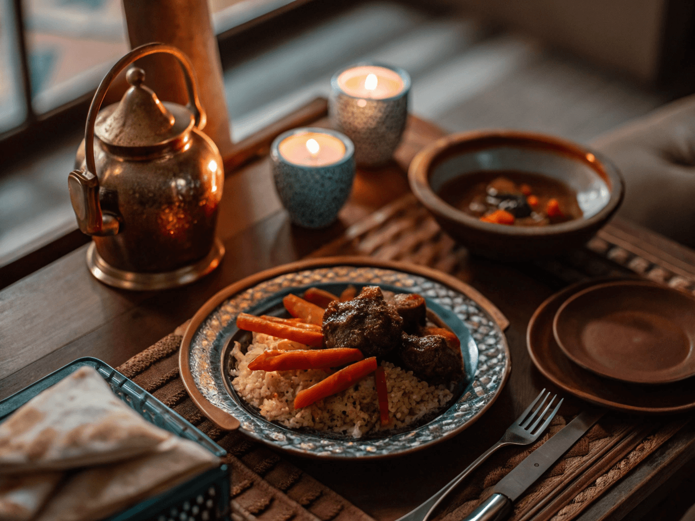 A Moroccan-inspired dining table with beef and glazed carrots served alongside couscous, flatbread, and salads, styled with warm lighting and traditional decor.

