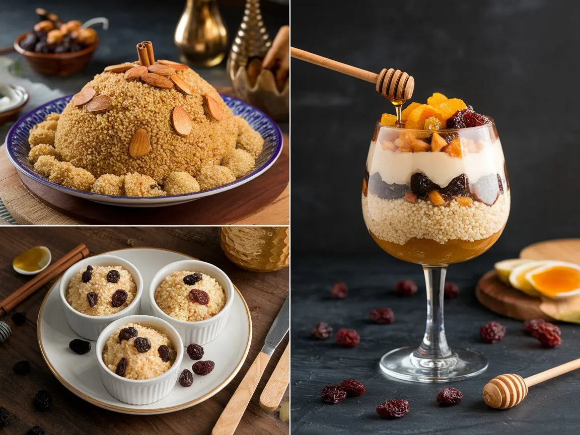 Unlock the Magic of Seffa Couscous with This Easy Recipe 6 "Creative ways to serve Seffa couscous—traditional mound, modern parfait glass, and mini ramekin versions—paired with Moroccan mint tea and fruits
