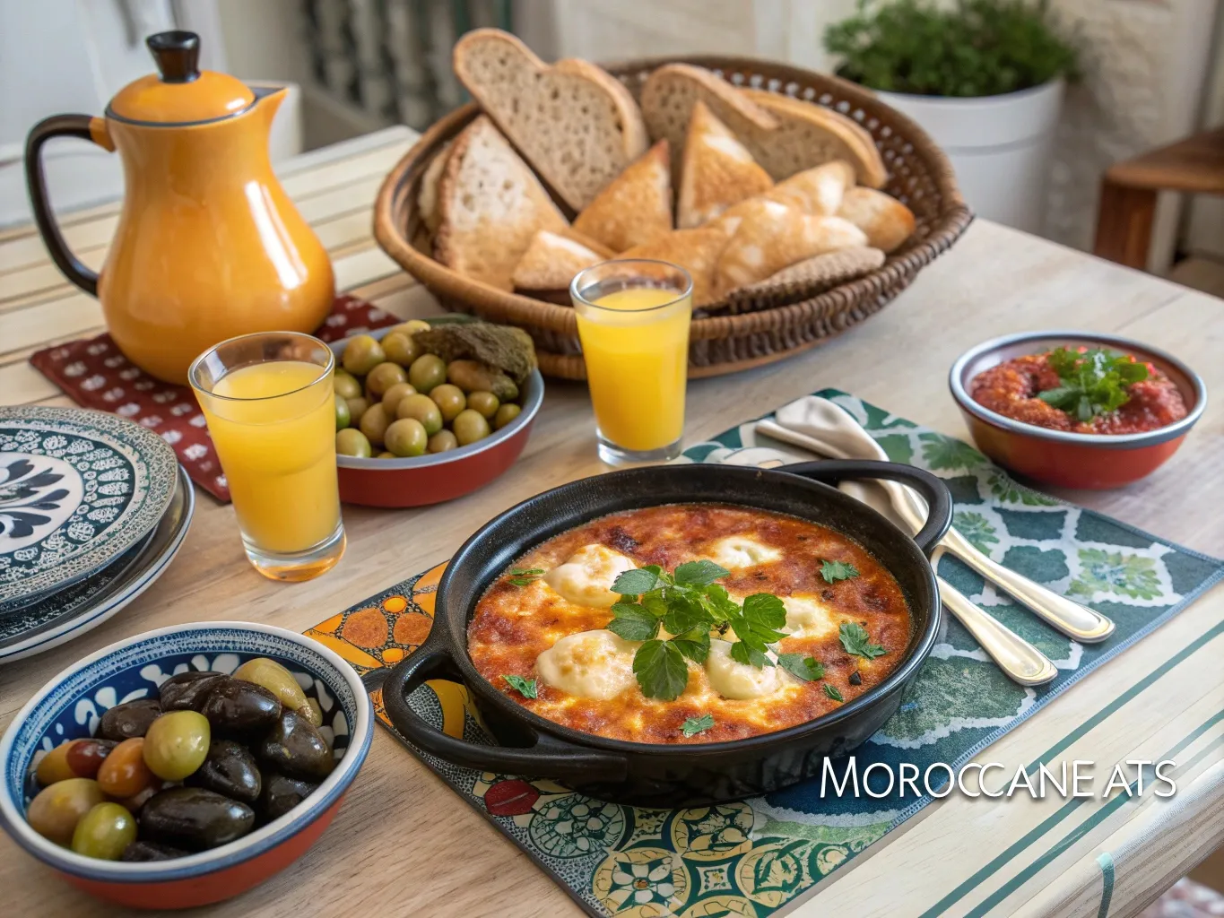 Moroccan-Style Shakshuka: The Addictive Brunch You Didn't Know You Needed 6 Moroccan brunch table with shakshuka, breads, mint tea, orange juice, and traditional side dishes arranged in a colorful and cozy setting