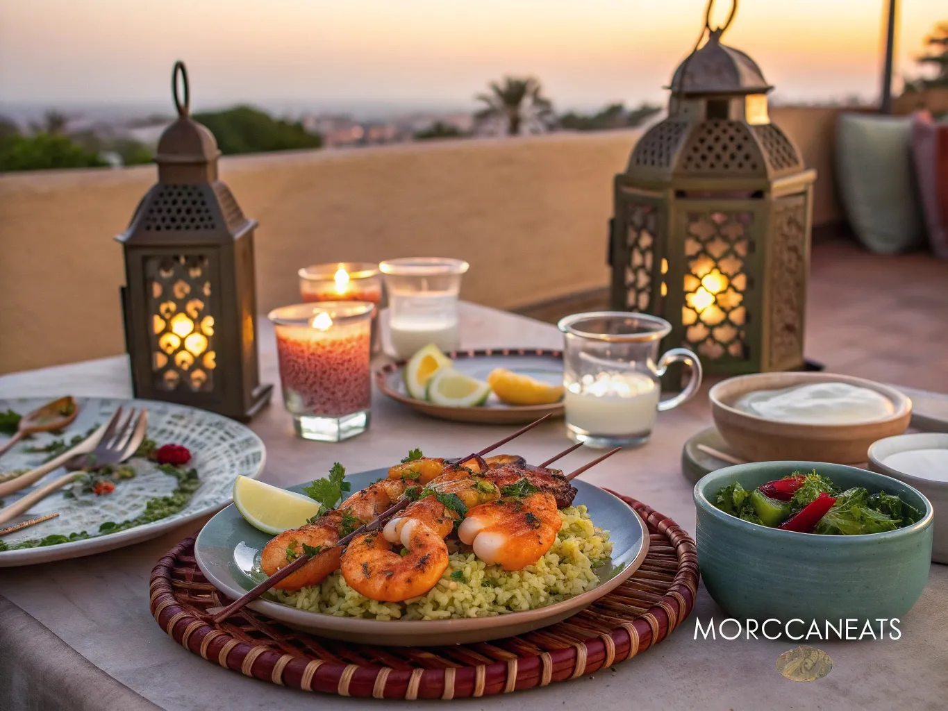 Harissa Shrimp Skewers to Spice Up Your Joyful Nights 6 A vibrant Moroccan dinner spread with harissa shrimp skewers, couscous, dips, and mint tea on a decorated table