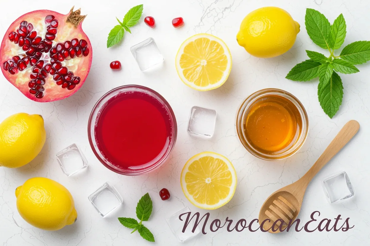 Pomegranate Lemonade Bliss:The Ultimate Fresh Summer Drink 4 a bright inviting flat lay featuring all the fres www.moroccaneats.com