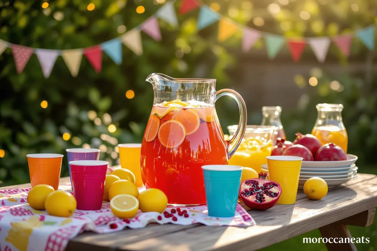 Pomegranate Lemonade Bliss:The Ultimate Fresh Summer Drink 6 Outdoor summer gathering with a pitcher of pomegranate lemonade, lemons, and festive decorations on a picnic table.