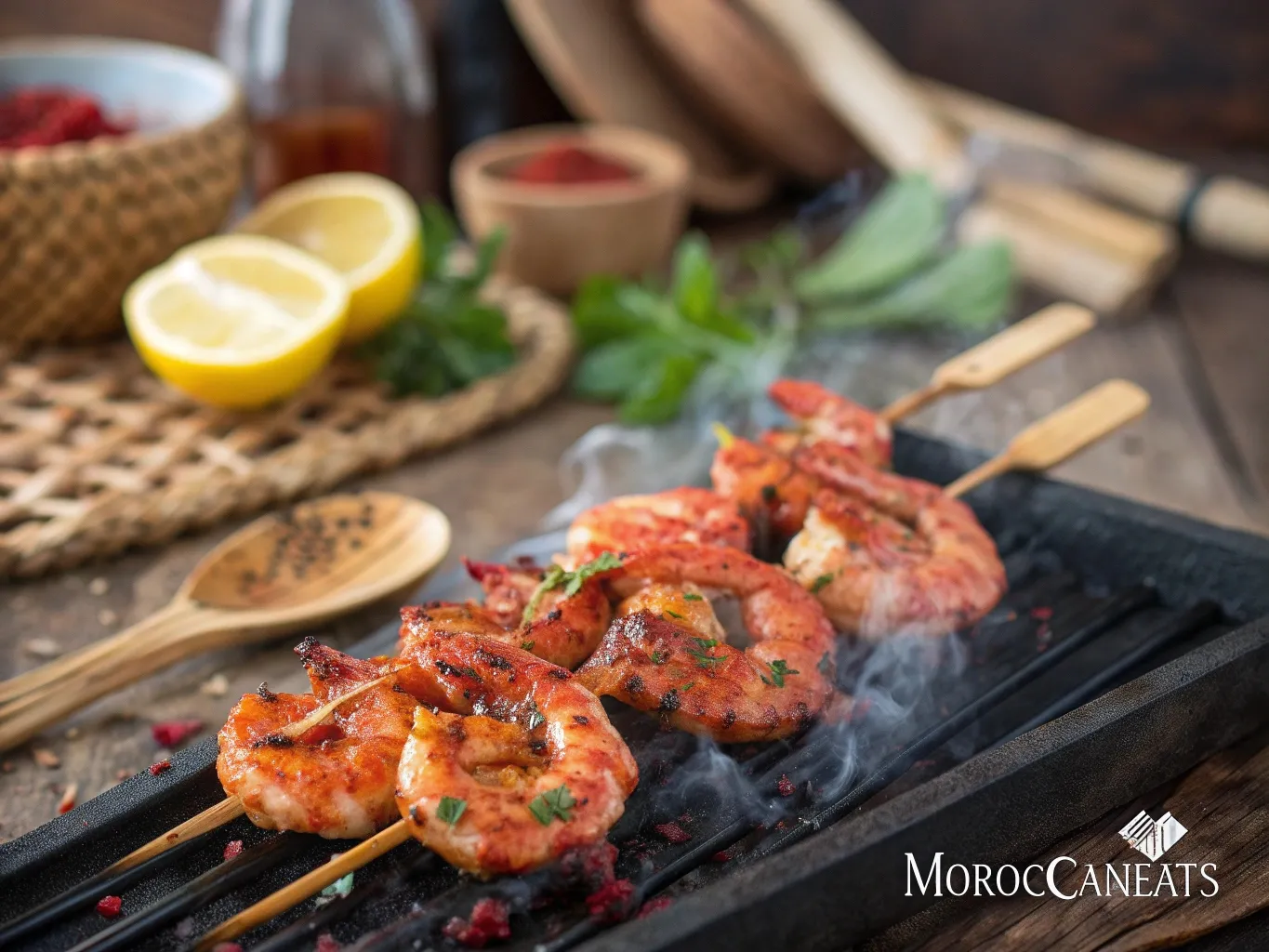 Harissa Shrimp Skewers to Spice Up Your Joyful Nights 3 Grilled harissa shrimp skewers sizzling on a barbecue grill with smoky, spicy marinade