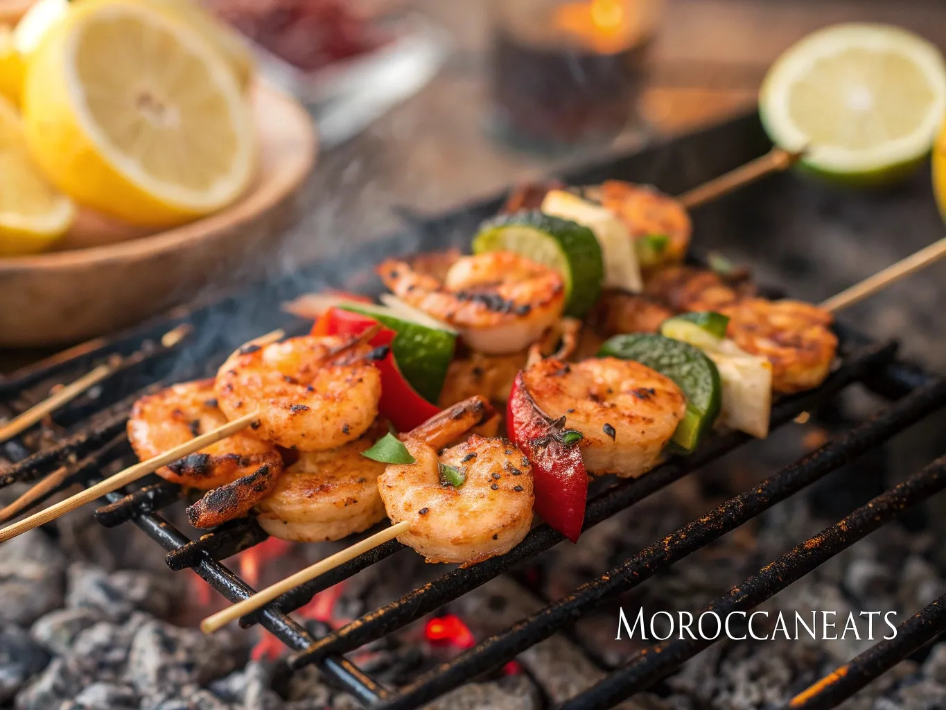 Harissa Shrimp Skewers to Spice Up Your Joyful Nights 5 Juicy harissa-marinated shrimp skewers grilling with colorful vegetables and visible grill marks