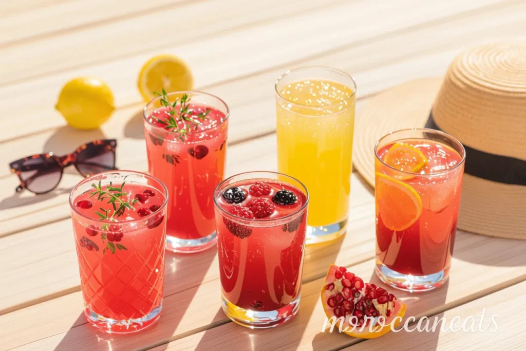 Pomegranate Lemonade Bliss:The Ultimate Fresh Summer Drink 5 Flat lay of fresh ingredients for pomegranate lemonade, including pomegranate juice, lemons, honey, mint, and ice cubes on a light marble surface