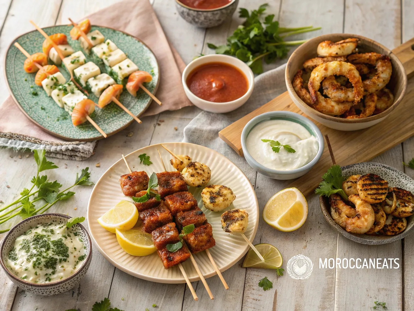 Harissa Shrimp Skewers to Spice Up Your Joyful Nights 7 Colorful assortment of harissa shrimp skewer variations with dipping sauces, herbs, and lemon wedges displayed on a rustic wooden surface.