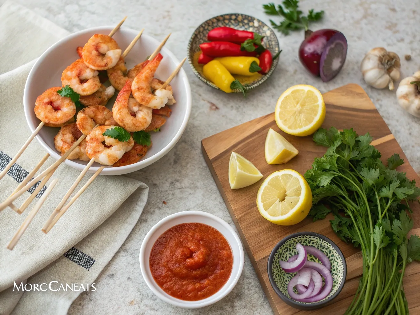 Harissa Shrimp Skewers to Spice Up Your Joyful Nights 4 Ingredients for harissa shrimp skewers including shrimp, harissa paste, lemon, garlic, spices, and vegetables arranged on a rustic kitchen counter.