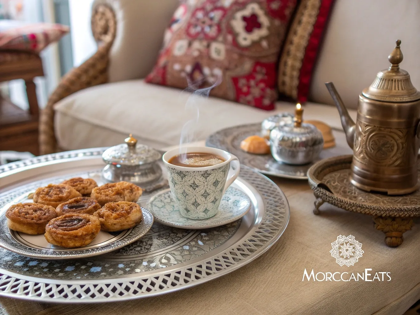 Spiced Moroccan Coffee: An Enchanting Brew Experience 5 a low tea table set with a silver tray featuring a www.moroccaneats.com