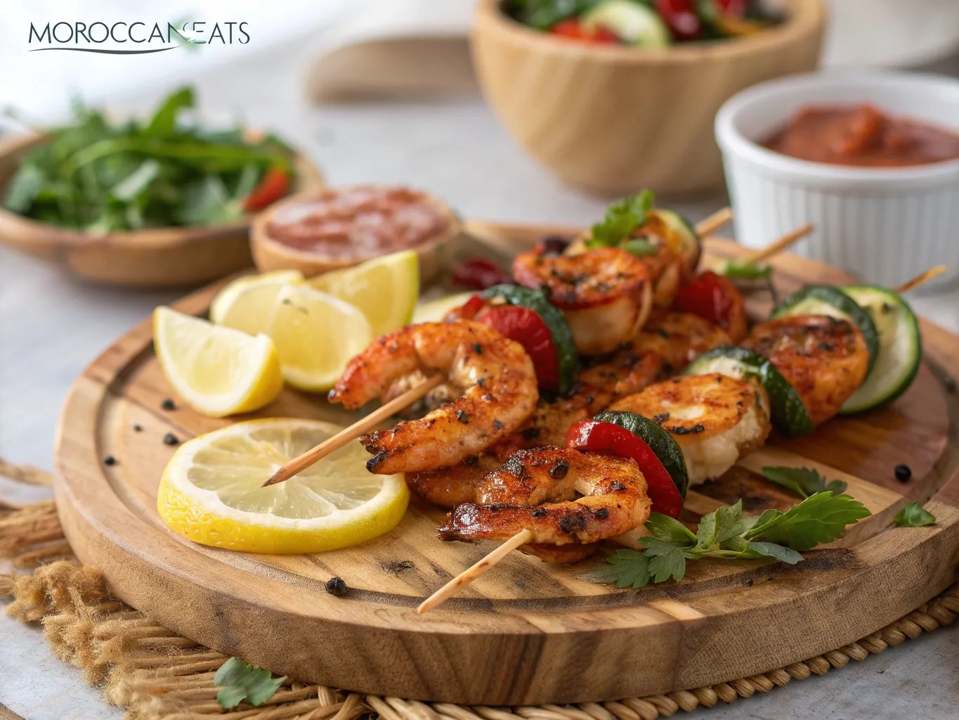 Harissa Shrimp Skewers to Spice Up Your Joyful Nights 2 Grilled harissa shrimp skewers on a rustic platter with vegetables and lemon wedges.
