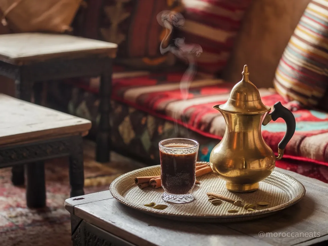 Spiced Moroccan Coffee: An Enchanting Brew Experience 2 Traditional Spiced Moroccan Coffee setup with a spiced brew in a glass cup beside a brass briq and aromatic spices on a rustic tray.
