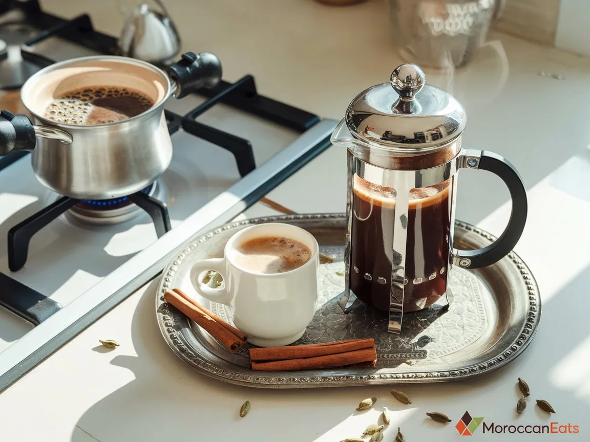 Spiced Moroccan Coffee: An Enchanting Brew Experience 4 Moroccan kitchen scene showing coffee being brewed traditionally and with a French press, surrounded by aromatic spices.