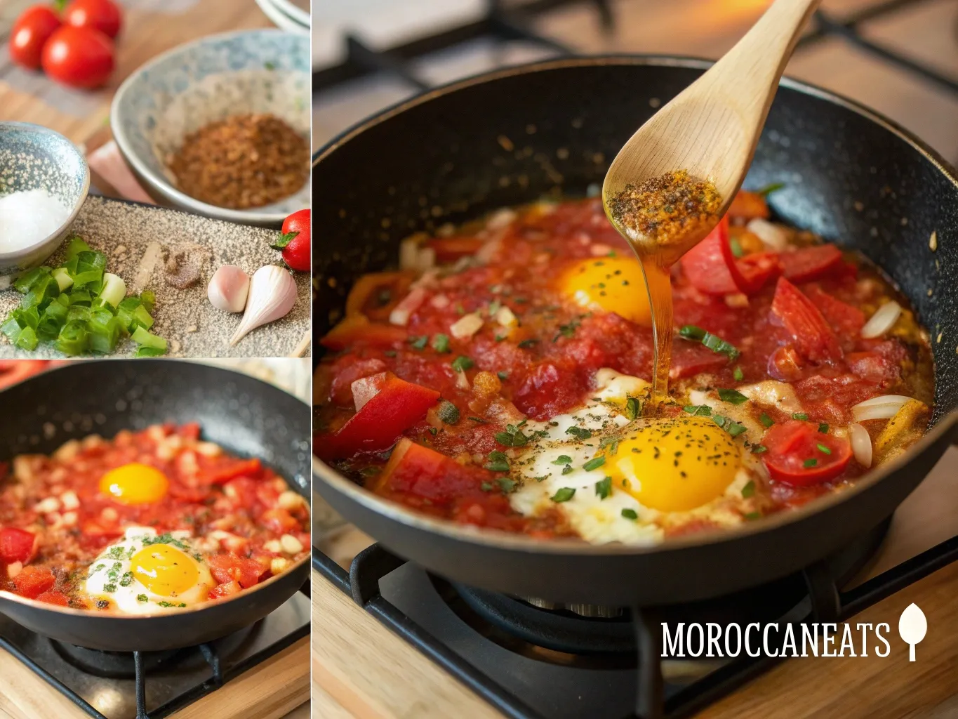 Moroccan-Style Shakshuka: The Addictive Brunch You Didn't Know You Needed 5 Step-by-step collage of cooking Moroccan shakshuka, from spices to poached eggs, in a cast-iron skillet