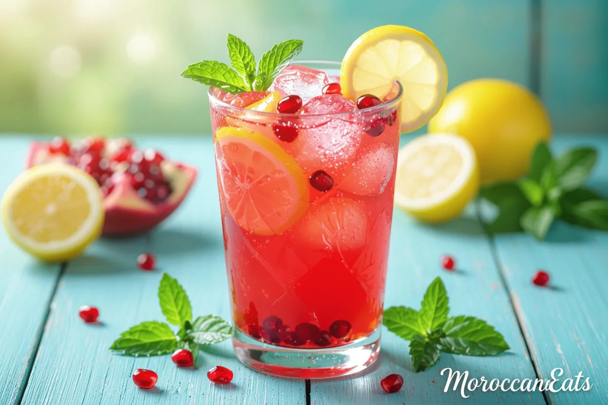 Pomegranate Lemonade Bliss:The Ultimate Fresh Summer Drink 2 Refreshing glass of pomegranate lemonade with mint, lemon, and pomegranate seeds, perfect for summer.