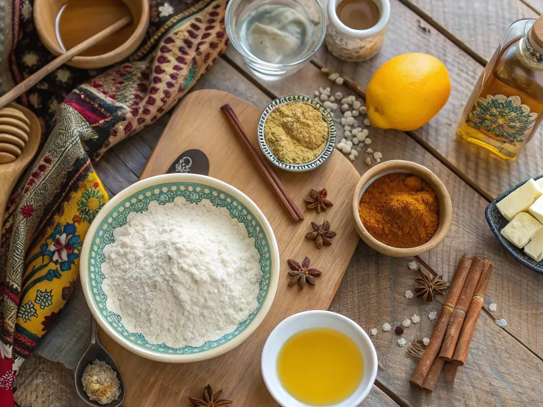 Moroccan Dessert Chebakya : Addictive Sweet Sensation 3 "Traditional Moroccan Chebakya ingredients including flour, sesame seeds, honey, orange blossom water, and spices displayed on a rustic table