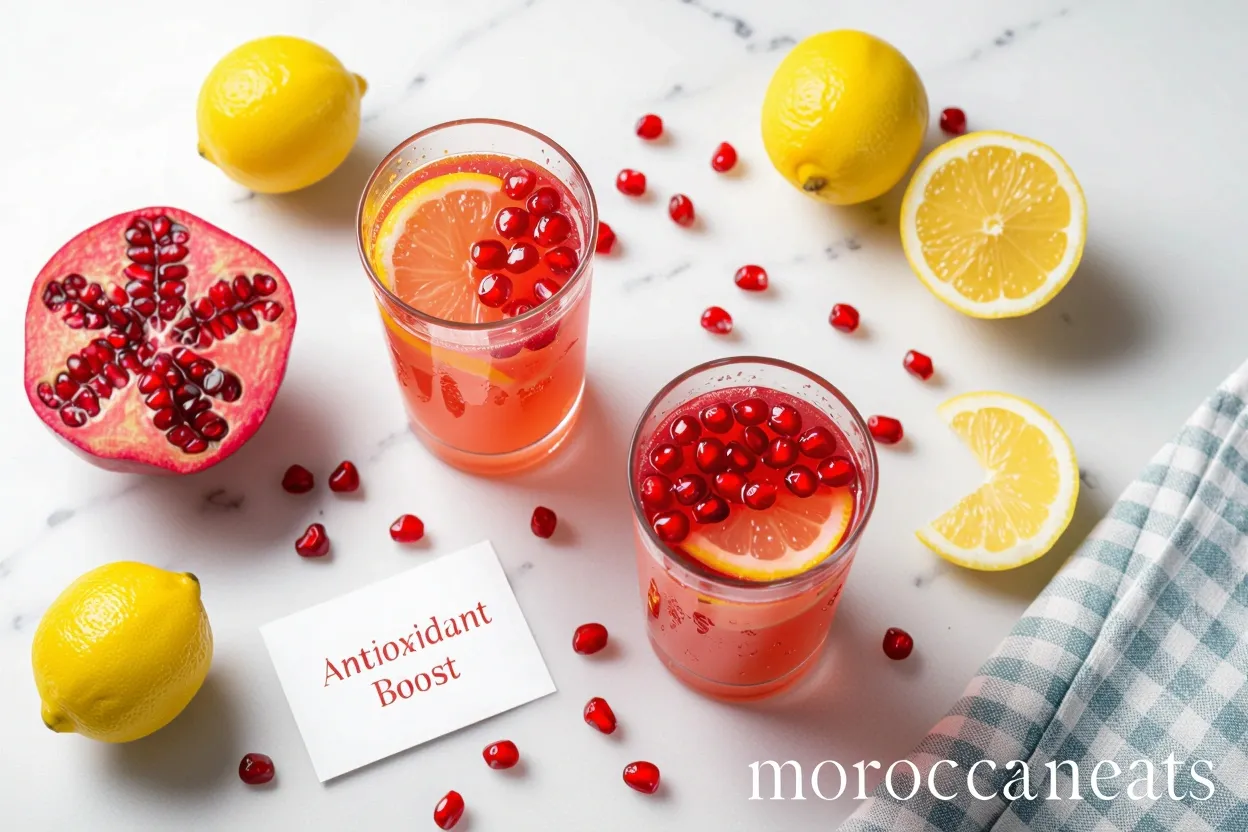 Pomegranate Lemonade Bliss:The Ultimate Fresh Summer Drink 3 Healthy pomegranate lemonade with lemon slices and pomegranate seeds, promoting hydration and antioxidants.