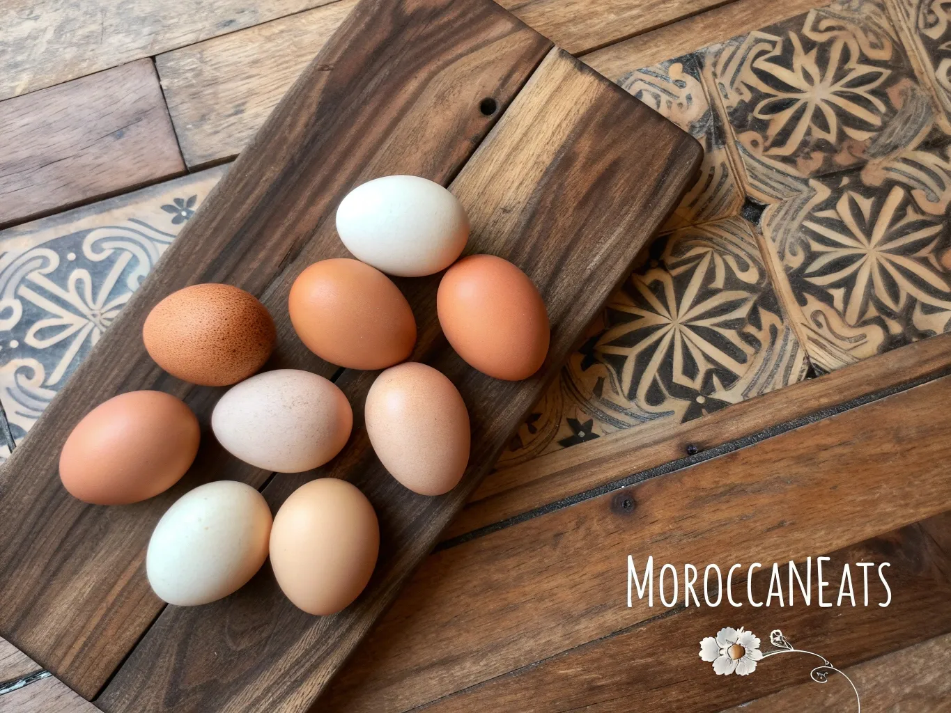 Moroccan-Style Shakshuka: The Addictive Brunch You Didn't Know You Needed 4 flat lay of eggs arranged on a wooden moroccan sty www.moroccaneats.com