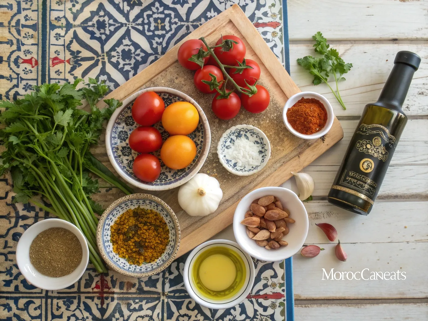 Moroccan-Style Shakshuka: The Addictive Brunch You Didn't Know You Needed 3 flat lay of shakshuka ingredients arranged on a wo www.moroccaneats.com