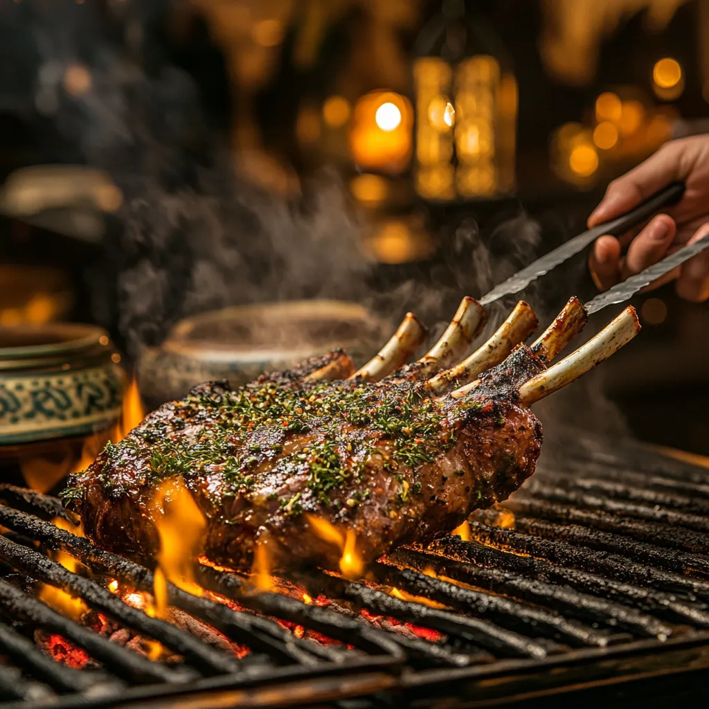 Grilling a Moroccan herb-crusted rack of lamb over an open flame with aromatic smoke and char marks on an outdoor grill.