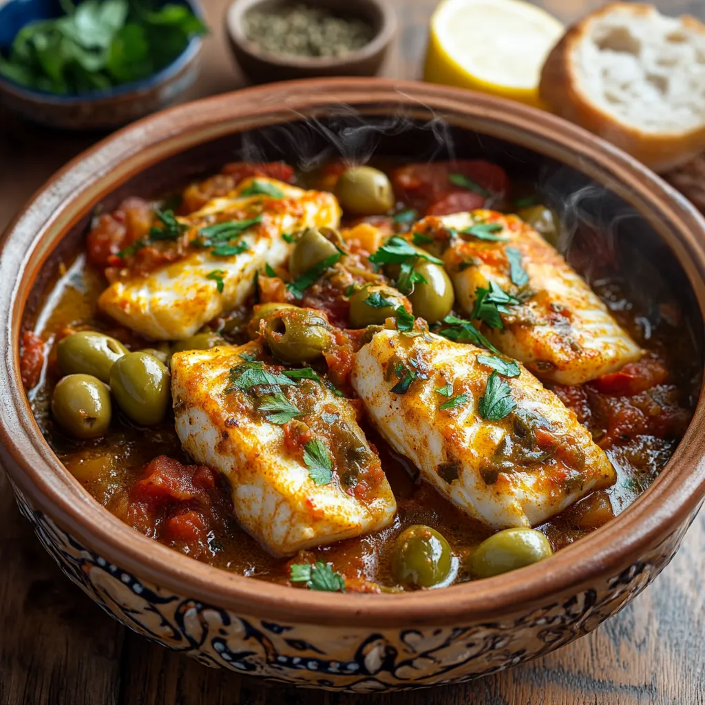Heavenly Moroccan Fish Tagine with Saffron & Tomatoes 4 A traditional Moroccan fish tagine served in a clay pot, accompanied by fresh bread, couscous, and Moroccan mint tea, garnished with cilantro and parsley.