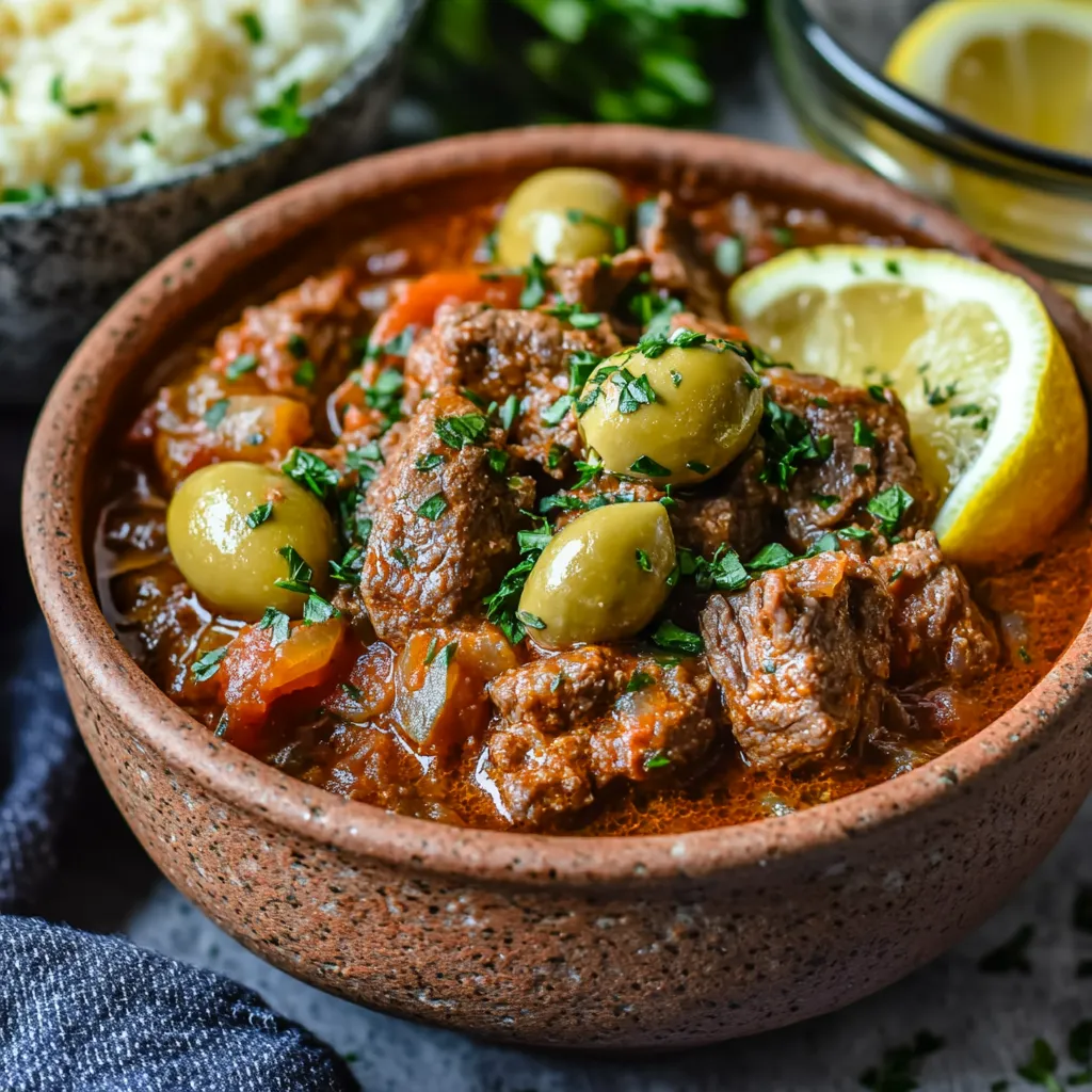 Savory Moroccan Beef Stew for a Guilt-Free Keto Meal 5 A serving of Keto Moroccan Beef Stew in a clay bowl with cauliflower rice and garnishes, next to a glass container of stored leftovers.