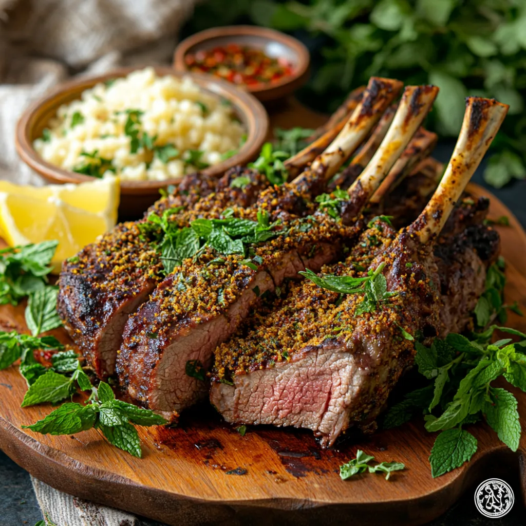 Moroccan grilled herb-crusted rack of lamb with fresh herbs, lemon wedges, and Ras el Hanout, served on a rustic wooden board with couscous.