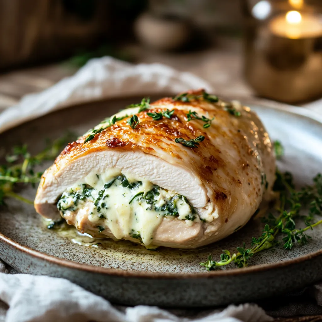 Stuffed chicken breast sliced open to show creamy cheese and spinach filling on a rustic plate, garnished with herbs.