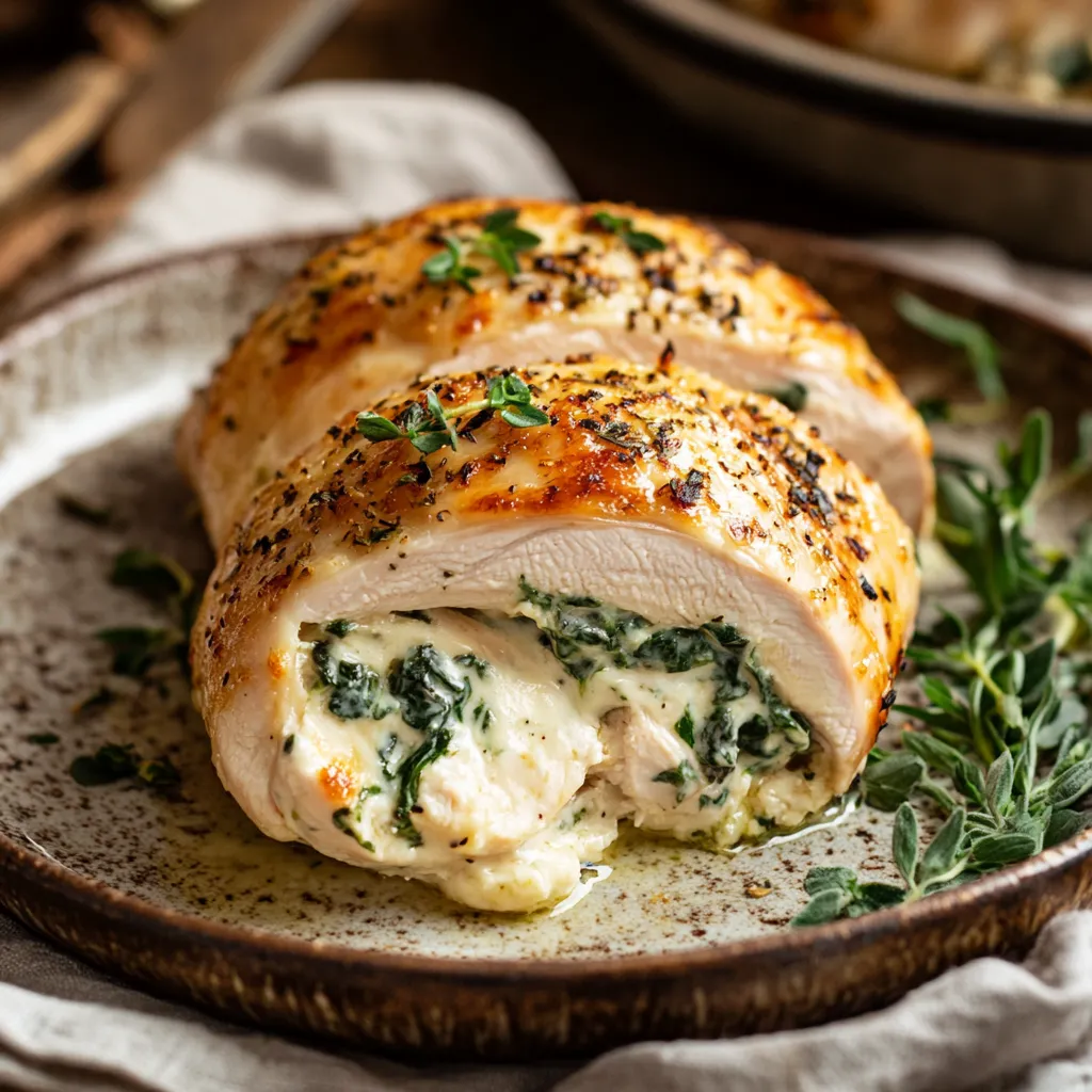 Stuffed chicken breast sliced open to show creamy cheese and spinach filling on a rustic plate, garnished with herbs.