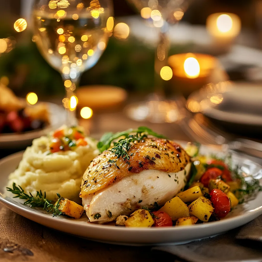 An elegant dinner table featuring stuffed chicken breast with garlic mashed potatoes, roasted vegetables, and salad