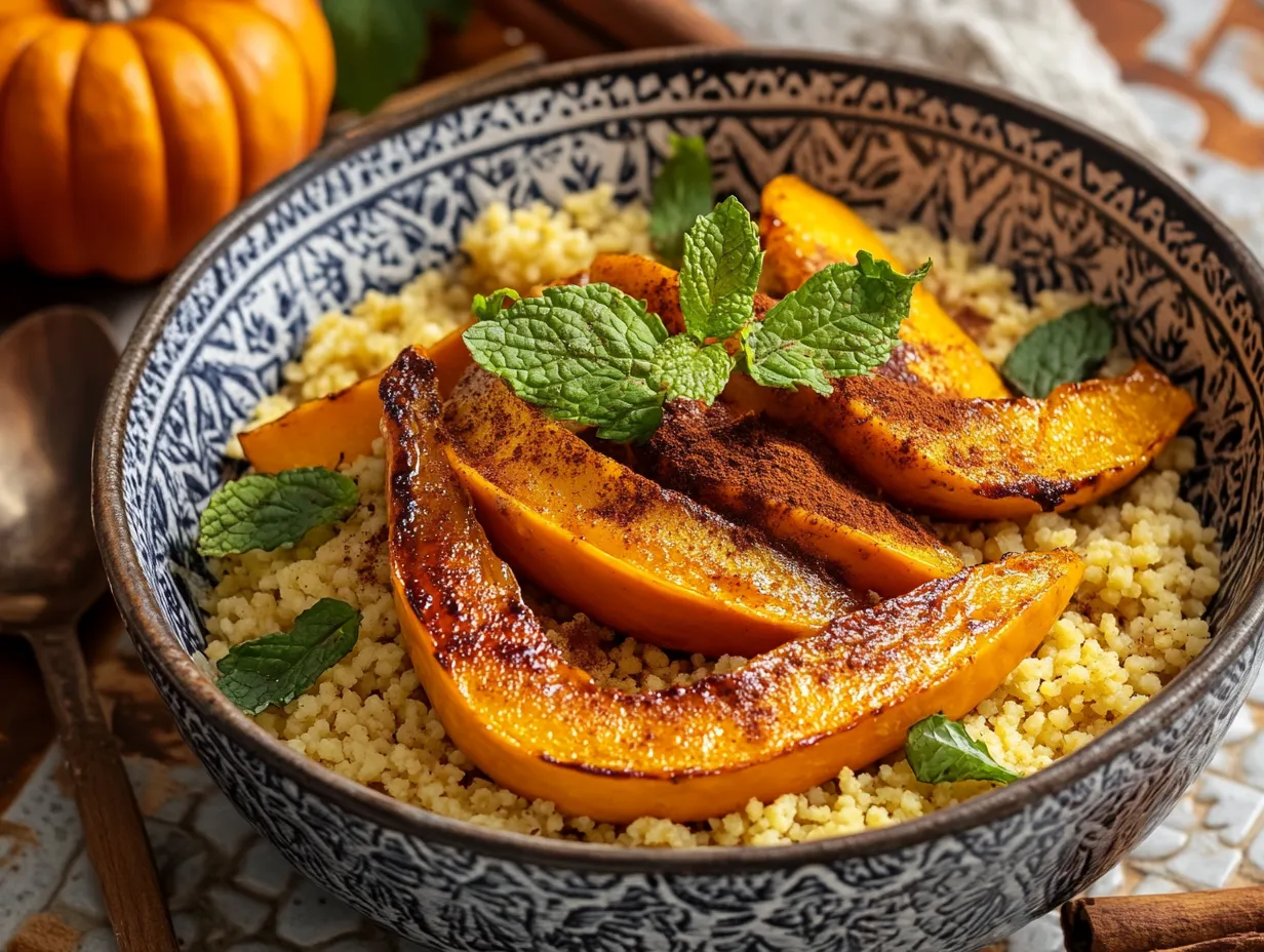 Couscous with Pumpkin and Sweet Cinnamon: A Moroccan-Inspired Treat 2 Moroccan couscous with pumpkin and cinnamon in a rustic bowl, surrounded by traditional decor and mint tea Couscous with Pumpkin and Sweet Cinnamon