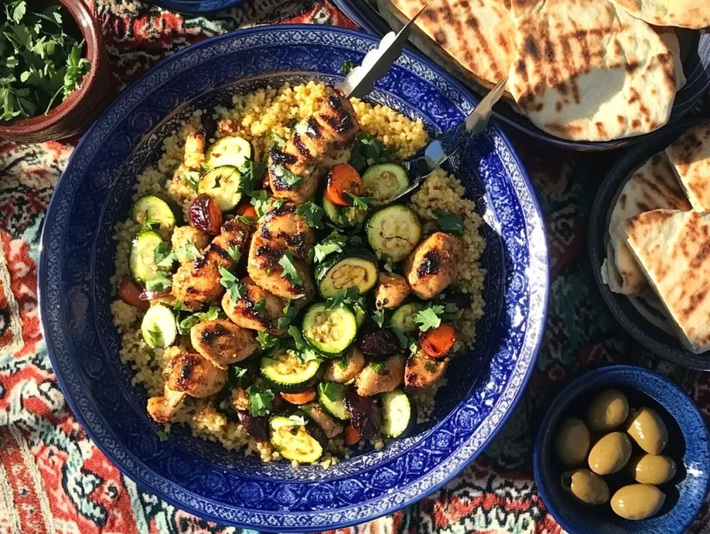 Crave-Worthy Moroccan Zucchini Salad That Stuns Your Taste Buds 5 Moroccan zucchini salad served with couscous, grilled chicken, olives, and flatbread on a traditional Moroccan table setting.