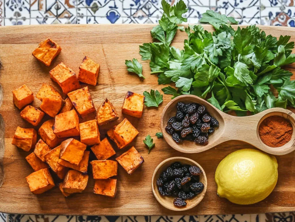 Joyfully Bold Moroccan Sweet Potato & Raisin Salad Recipe 3 Fresh ingredients for a Moroccan sweet potato and raisin salad including herbs and spices laid out on a rustic board.
