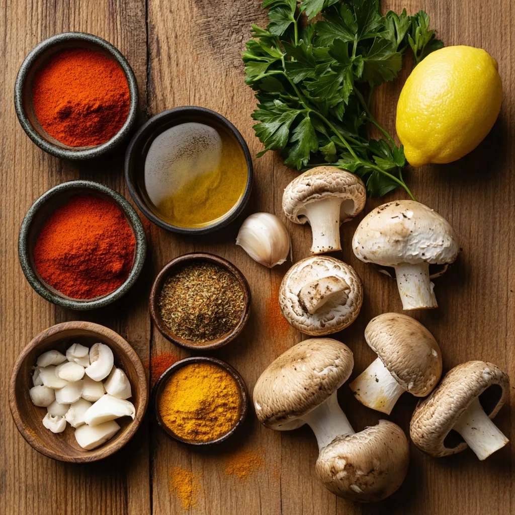 Irresistible Moroccan-Spiced Stuffed Mushrooms Recipe 3 Flat lay of mushrooms and Moroccan spices like ras el hanout, garlic, and herbs on a rustic surface, showcasing ingredients for stuffed mushroom recipes.