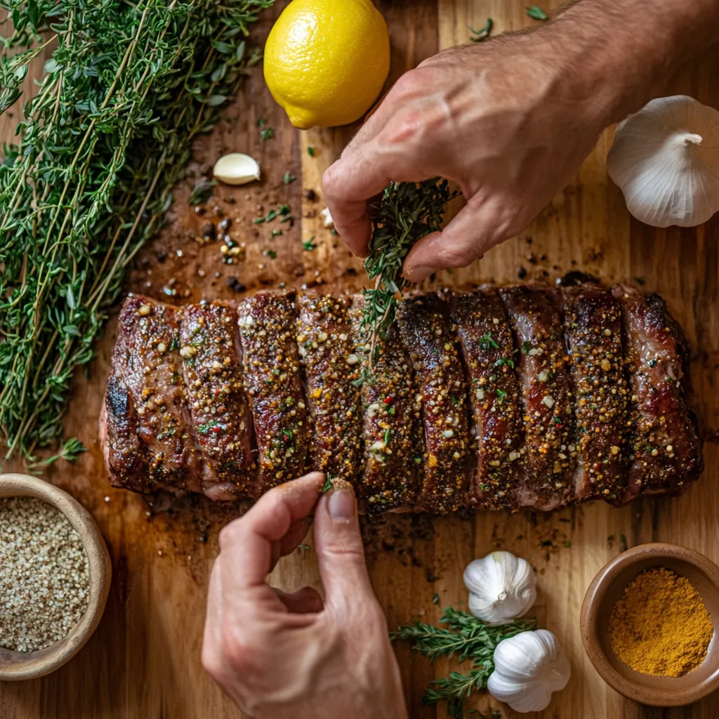 Cook trimming and seasoning a rack of lamb with Moroccan spices and herbs on a rustic kitchen counter.