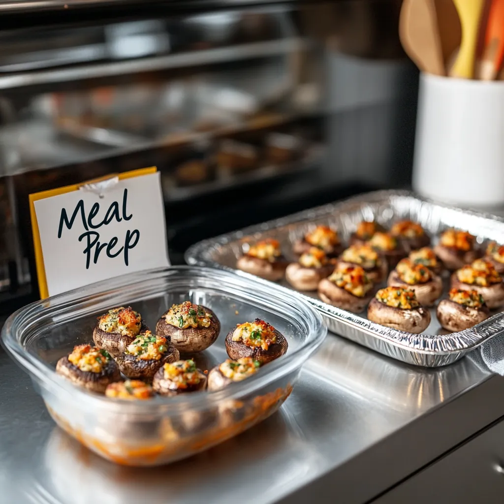 Irresistible Moroccan-Spiced Stuffed Mushrooms Recipe 7 Glass container of leftover stuffed mushrooms next to a tray being reheated in the oven, showing meal prep and storage tips in a cozy kitchen setting.