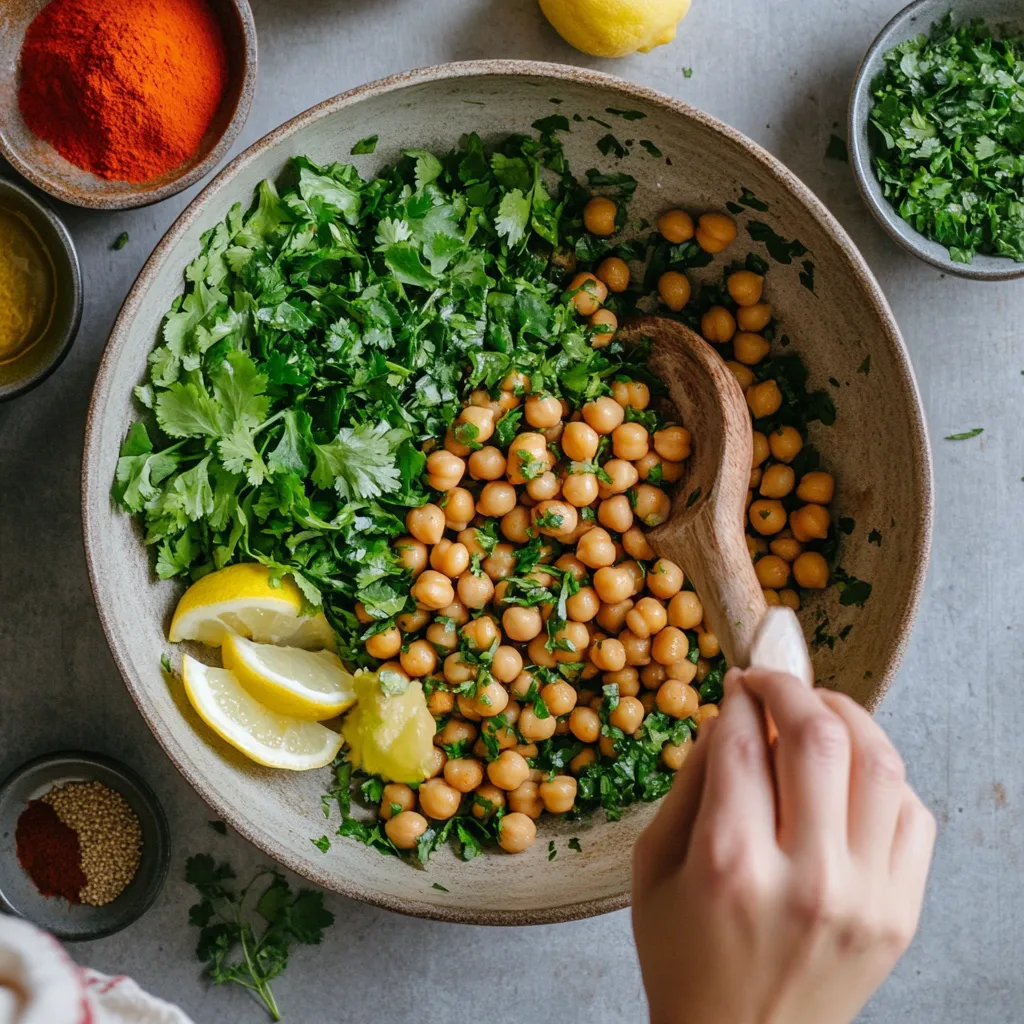Moroccan Chickpea Salad So Good, It Feels Like a Hug in a Bowl 4 Step-by-step preparation of Moroccan chickpea salad, with fresh herbs and spices on a kitchen counter.