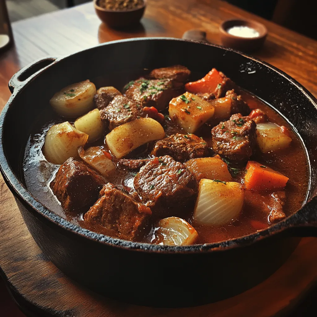 Savory Moroccan Beef Stew for a Guilt-Free Keto Meal 4 Moroccan Keto beef stew simmering in a Dutch oven with turnips and warm spices in a rich, tomato-based broth.