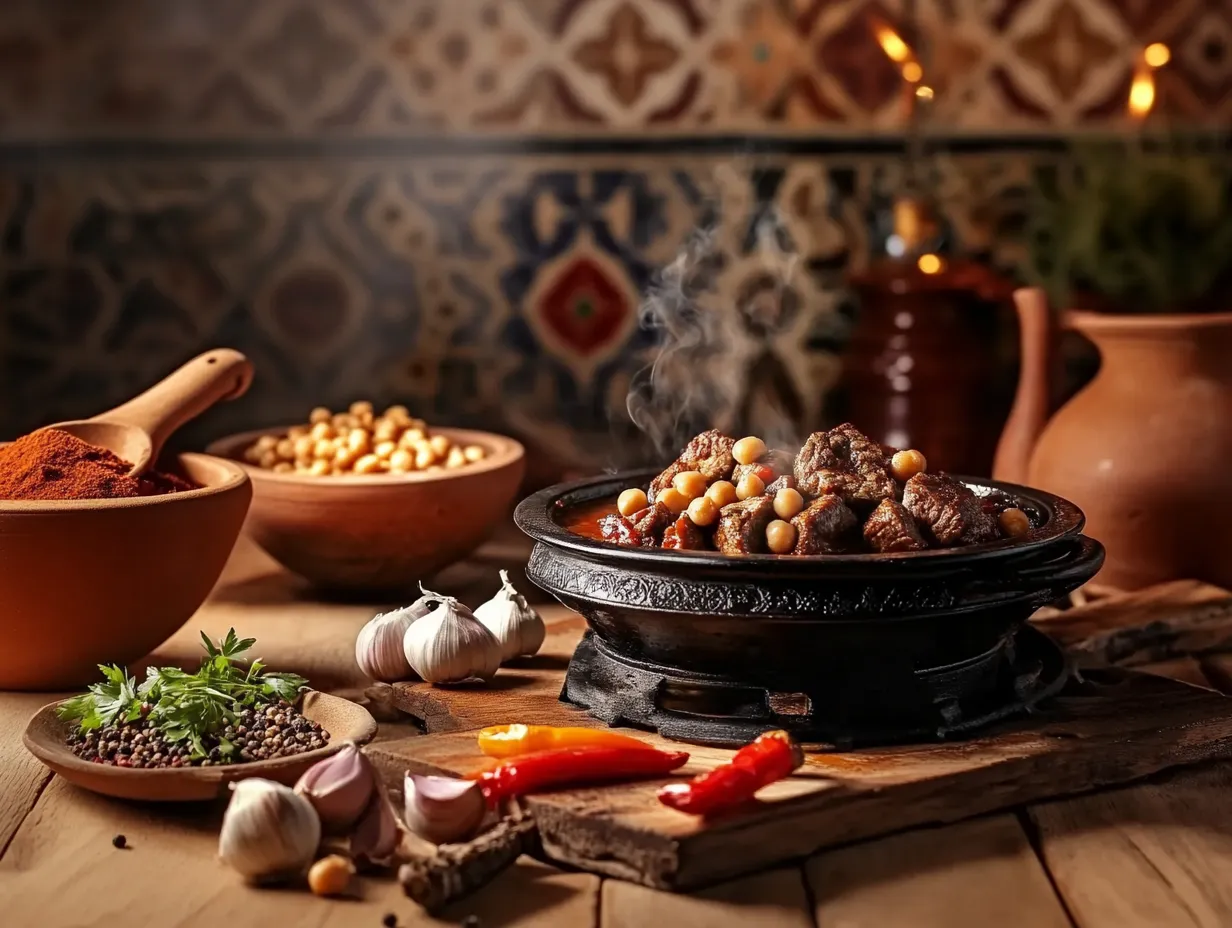 Spicy Beef Tagine with Harissa and Chickpeas Dangerously Delicious 2 Traditional Moroccan tagine pot with spicy beef, chickpeas, and harissa cooking on a rustic stovetop.