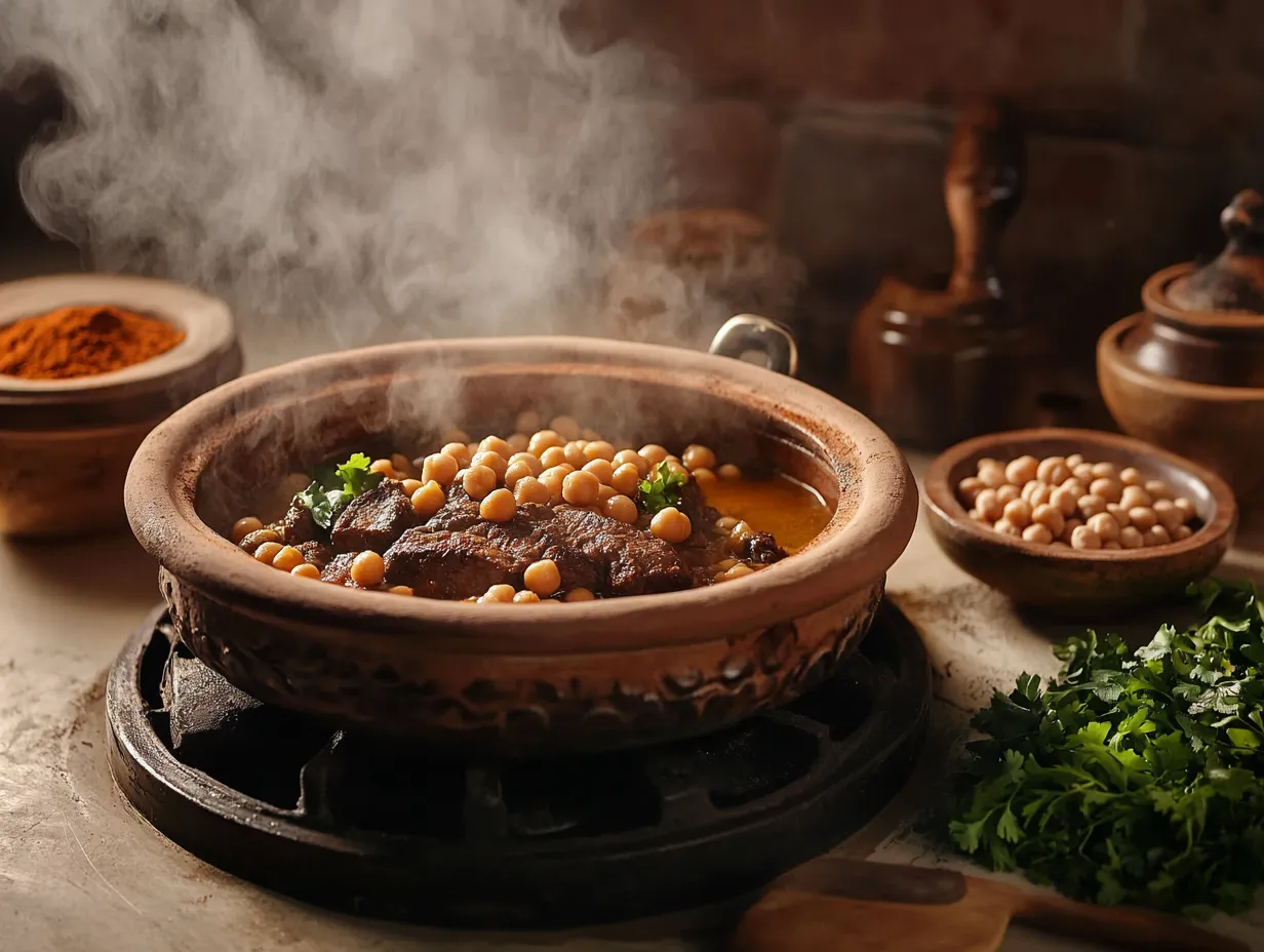 Spicy Beef Tagine with Harissa and Chickpeas Dangerously Delicious 5 Moroccan dining table with beef tagine, couscous, and mint tea.