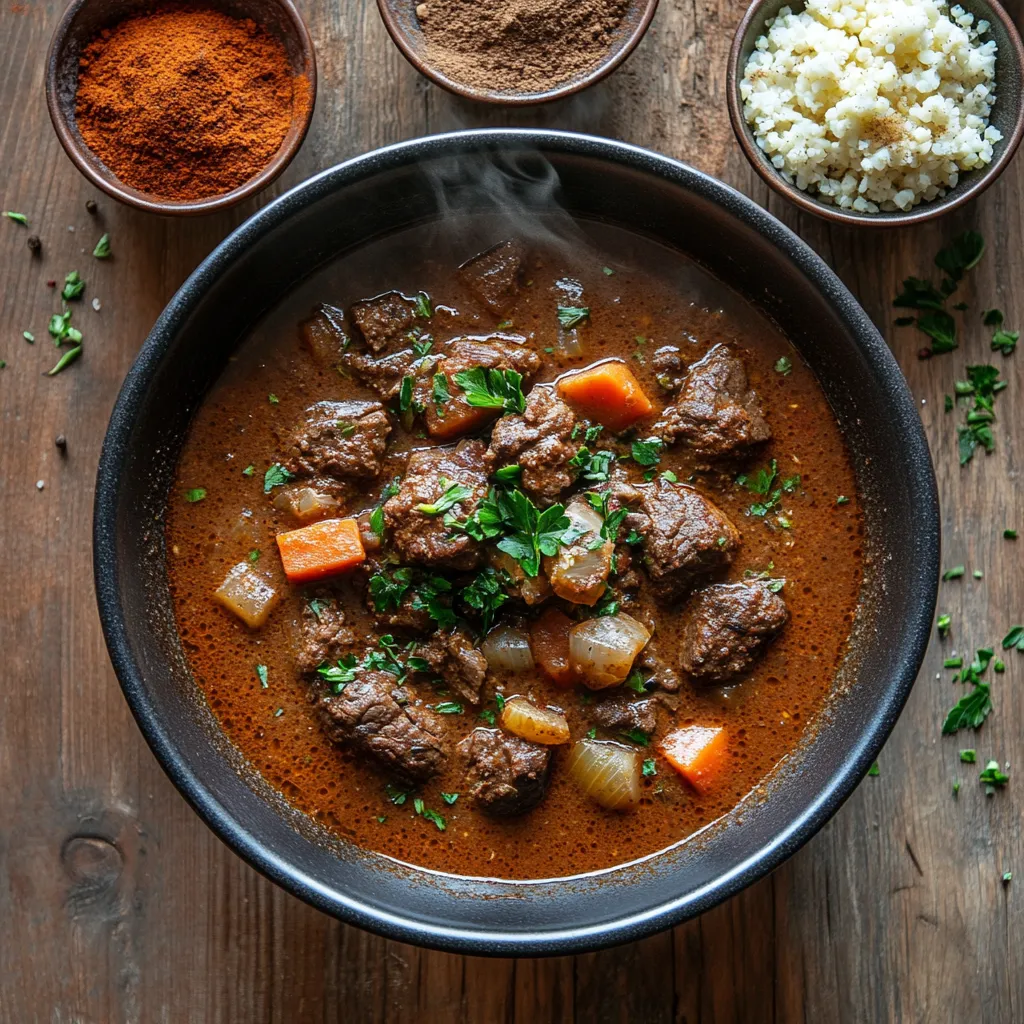 Savory Moroccan Beef Stew for a Guilt-Free Keto Meal 2 A hearty bowl of Moroccan Beef Stew Keto Style, garnished with herbs and served with cauliflower rice and Moroccan spices.
