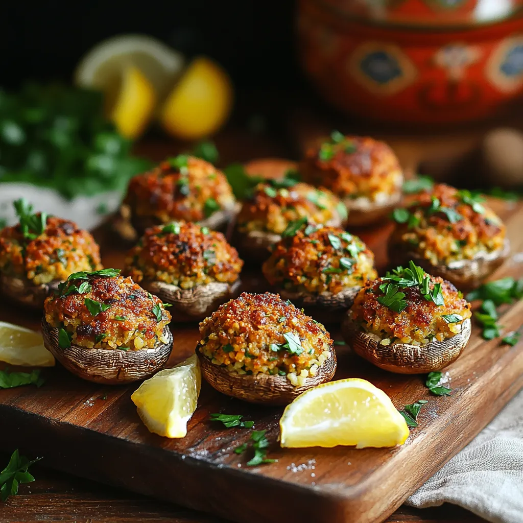 Irresistible Moroccan-Spiced Stuffed Mushrooms Recipe 2 Moroccan-Spiced Stuffed Mushrooms, served on a rustic board with fresh herbs and lemon wedges in a warm kitchen setting.