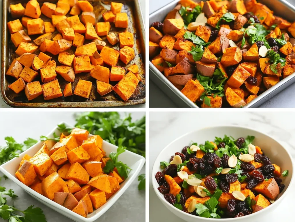 Joyfully Bold Moroccan Sweet Potato & Raisin Salad Recipe 4 Step-by-step images of making Moroccan sweet potato and raisin salad, from roasting to tossing.