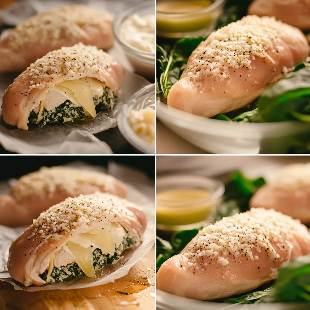 Step-by-step images showing how to prepare stuffed chicken breast with creamy cheese and spinach—from slicing to stuffing and baking.