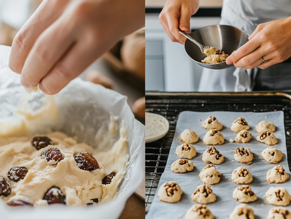 Date and Walnut Cookies with Irresistible Charm 4 Step-by-step process of making date and walnut cookies, including mashed dates, mixed dough, baking tray setup, and finished cookies.
