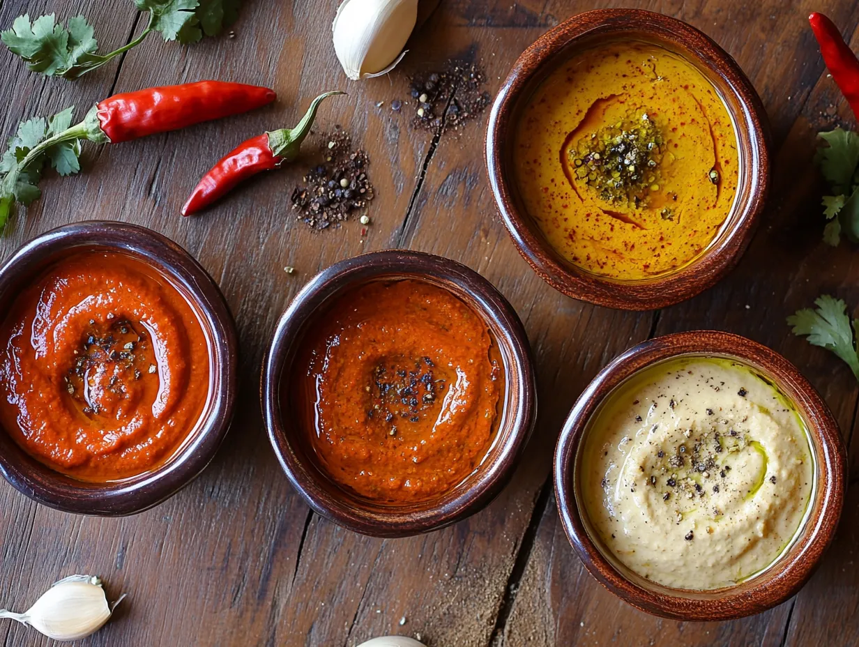 Spicy Beef Tagine with Harissa and Chickpeas Dangerously Delicious 3 Variety of harissa pastes in ceramic bowls with traditional Moroccan spices.