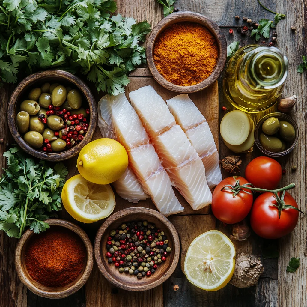 Heavenly Moroccan Fish Tagine with Saffron & Tomatoes 3 A rustic display of fresh ingredients for Moroccan fish tagine, including white fish fillets, saffron, tomatoes, preserved lemons, olives, and a variety of Moroccan spices.